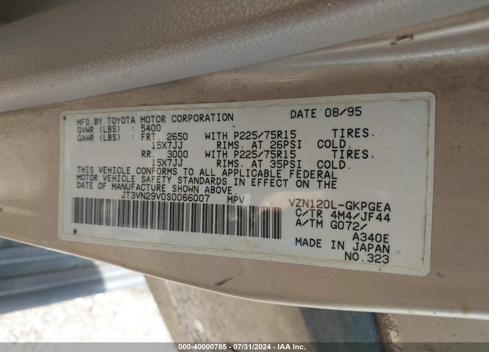 1995 TOYOTA 4RUNNER VN29 SR5 VIN: JT3VN29V0S0066007