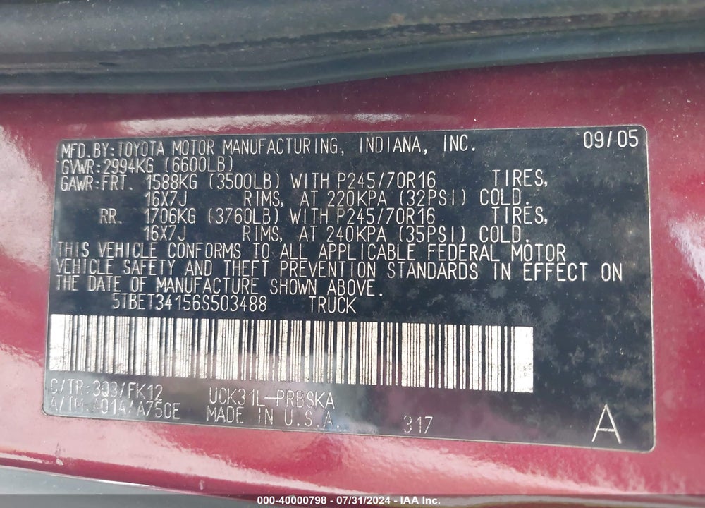 2006 TOYOTA TUNDRA SR5 V8 VIN: 5TBET34156S503488