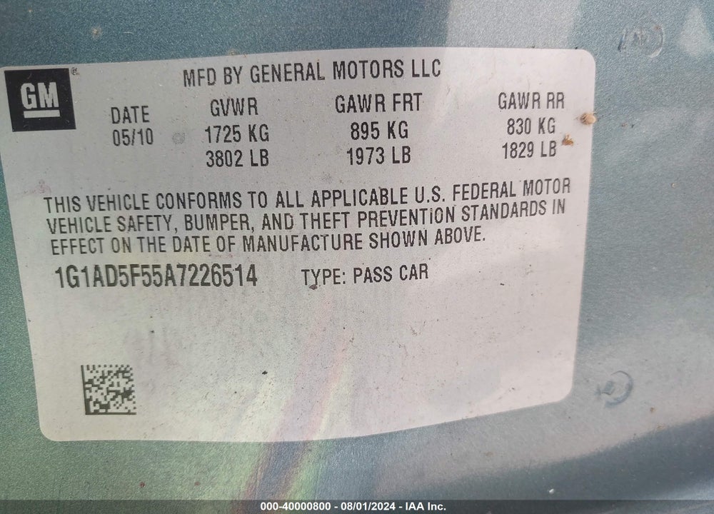 2010 CHEVROLET COBALT LT VIN: 1G1AD5F55A7226514