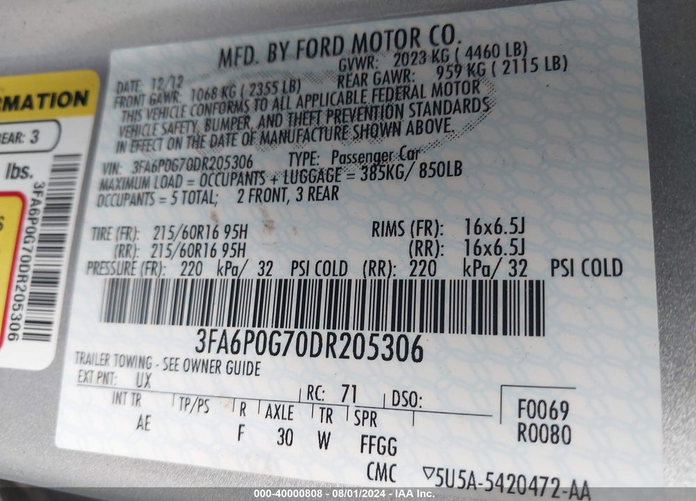 2013 FORD FUSION S VIN: 3FA6P0G70DR205306