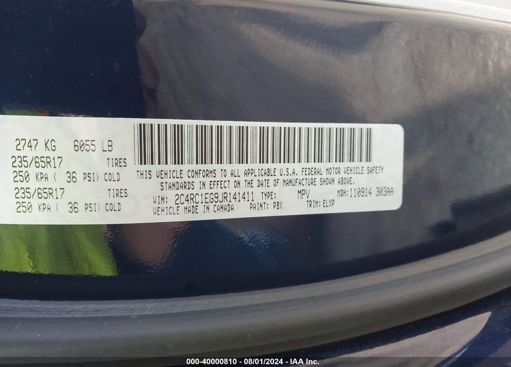 2018 CHRYSLER PACIFICA TOURING L PLUS VIN: 2C4RC1EG9JR141411