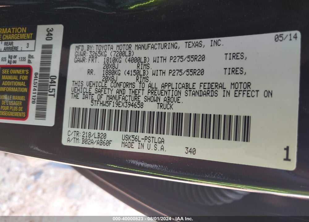 2014 TOYOTA TUNDRA LIMITED 5.7L V8 VIN: 5TFHW5F19EX394658