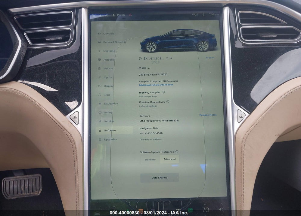 2015 TESLA MODEL S 60/70/85 VIN: 5YJSA1E17FF115525