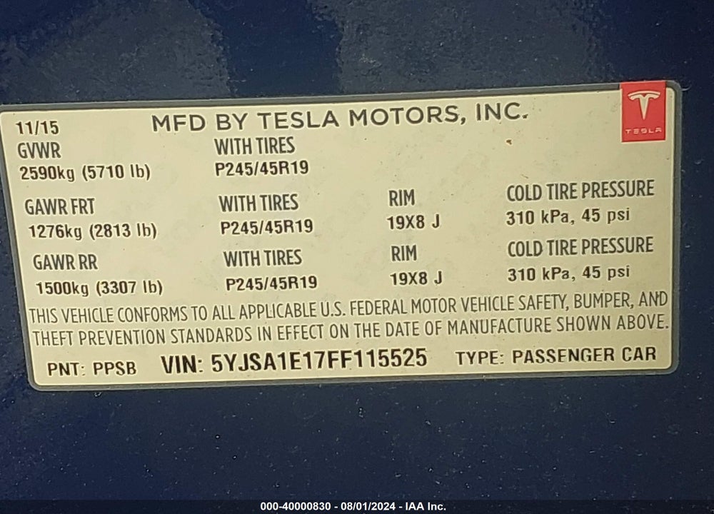 2015 TESLA MODEL S 60/70/85 VIN: 5YJSA1E17FF115525