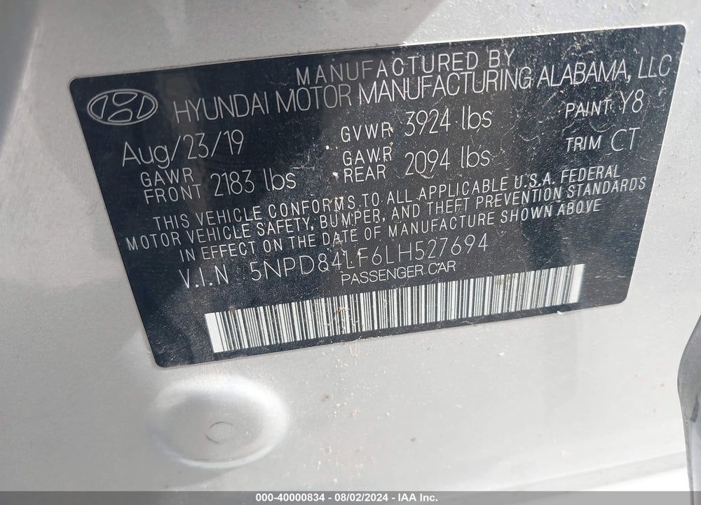 2020 HYUNDAI ELANTRA VALUE EDITION VIN: 5NPD84LF6LH527694