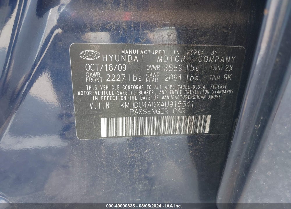 2010 HYUNDAI ELANTRA GLS VIN: KMHDU4ADXAU915541