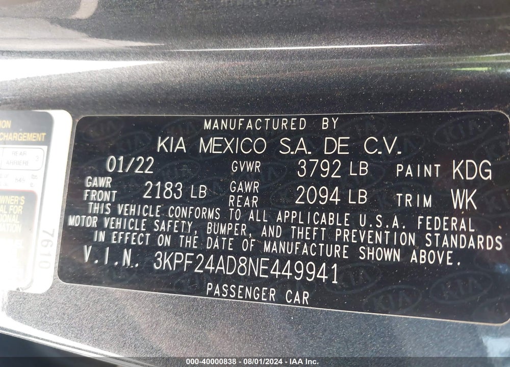 2022 KIA FORTE LXS VIN: 3KPF24AD8NE449941