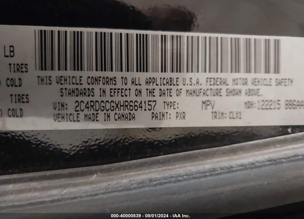 2017 DODGE GRAND CARAVAN SXT VIN: 2C4RDGCGXHR664157