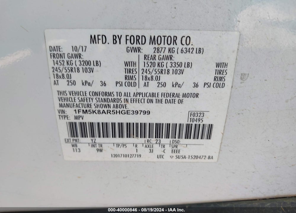 2017 FORD UTILITY POLICE INTERCEPTOR VIN: 1FM5K8AR5HGE39799