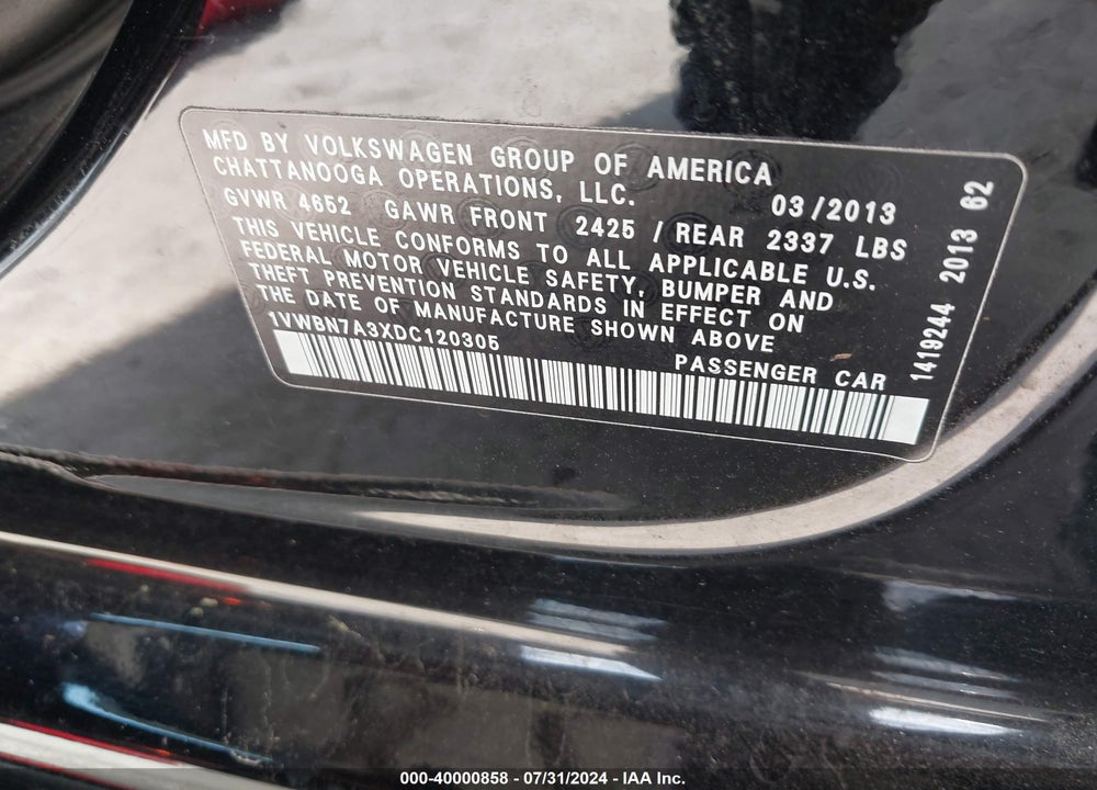 2013 VOLKSWAGEN PASSAT 2.0L TDI SE VIN: 1VWBN7A3XDC120305