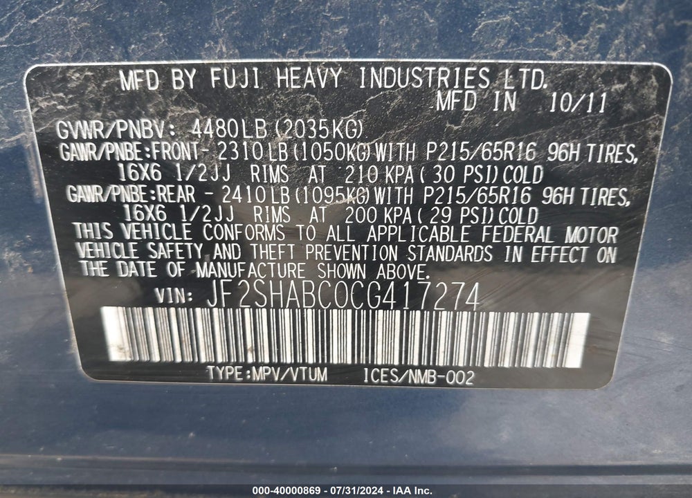 2012 SUBARU FORESTER 2.5X VIN: JF2SHABC0CG417274