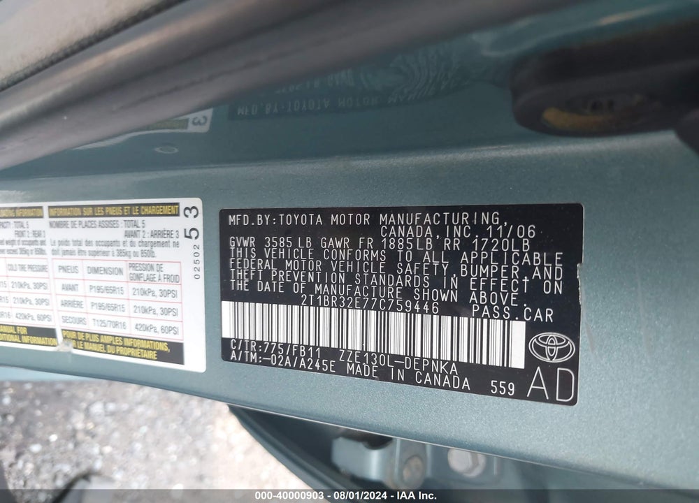 2007 TOYOTA COROLLA LE VIN: 2T1BR32E77C759446