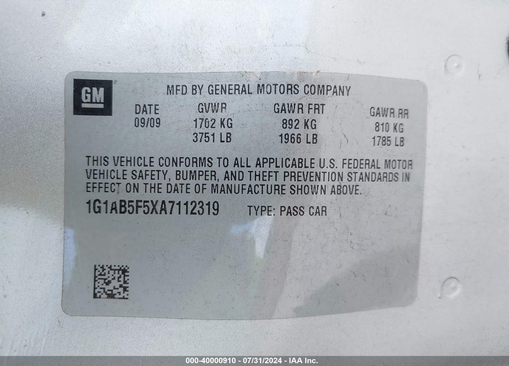 2010 CHEVROLET COBALT VIN: 1G1AB5F5XA7112319
