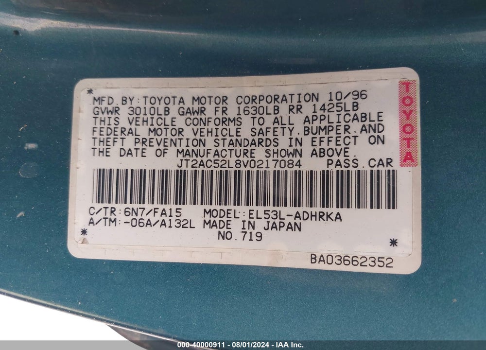 1997 TOYOTA TERCEL CE VIN: JT2AC52L8V0217084