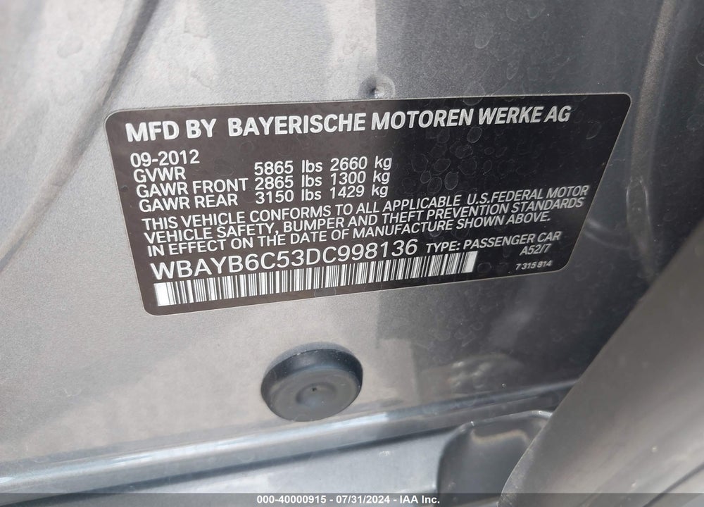 2013 BMW 750I XDRIVE VIN: WBAYB6C53DC998136