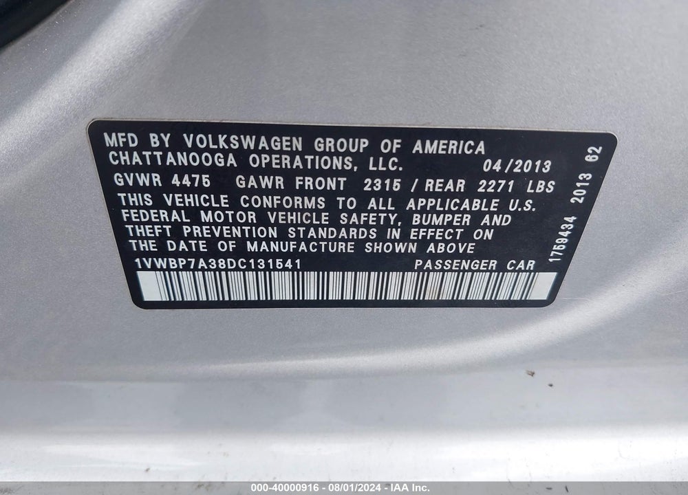 2013 VOLKSWAGEN PASSAT 2.5L SE VIN: 1VWBP7A38DC131541