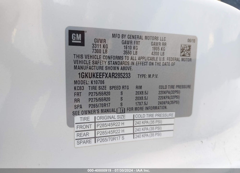 2010 GMC YUKON DENALI VIN: 1GKUKEEFXAR285233