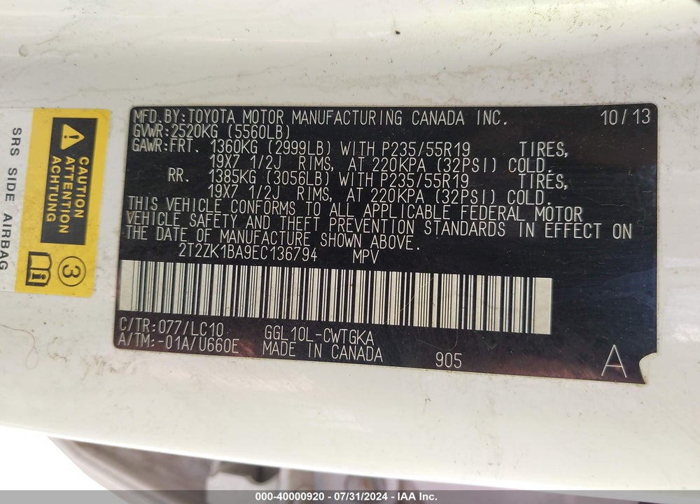 2014 LEXUS RX 350 VIN: 2T2ZK1BA9EC136794