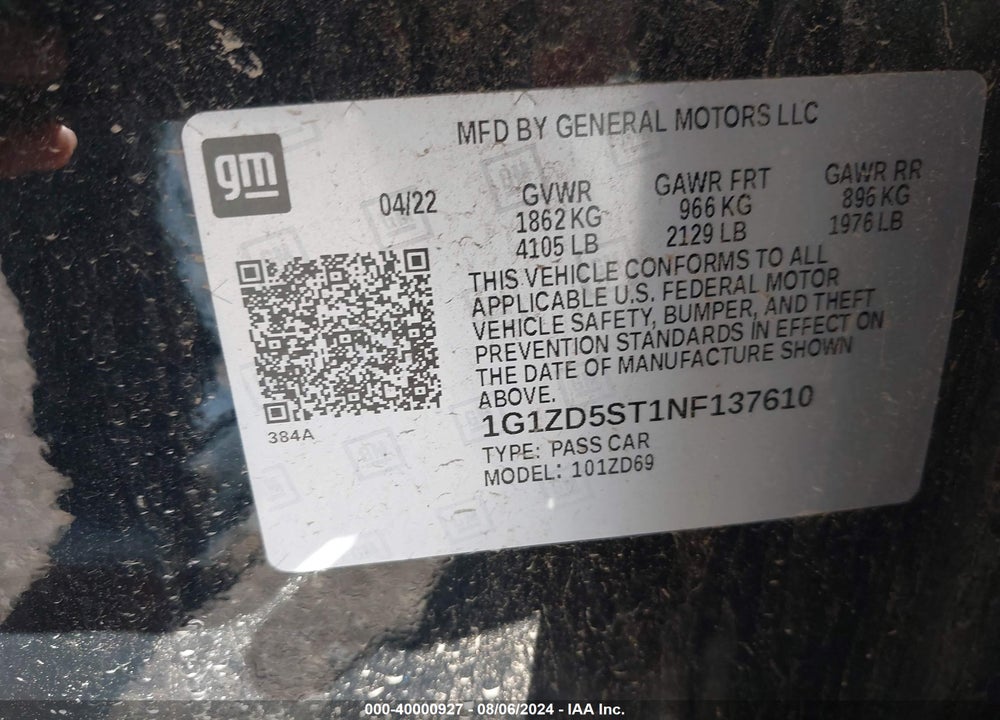 2022 CHEVROLET MALIBU FWD LT VIN: 1G1ZD5ST1NF137610
