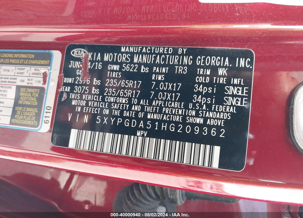2017 KIA SORENTO 3.3L LX VIN: 5XYPGDA51HG209362