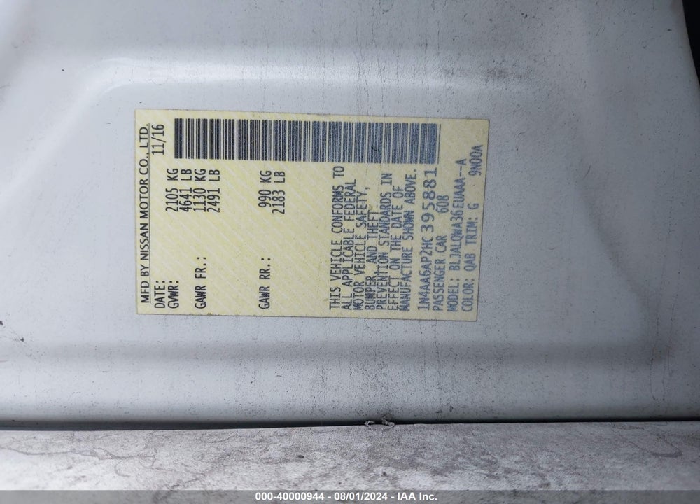2017 NISSAN MAXIMA VIN: 1N4AA6AP2HC395881