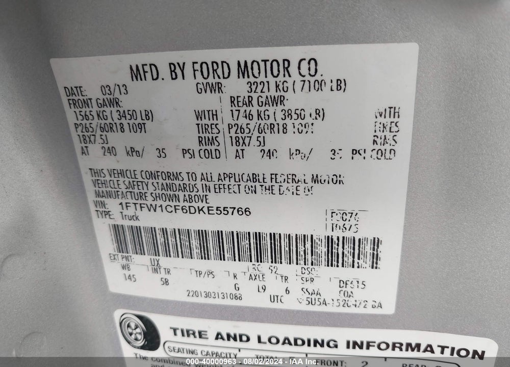 2013 FORD F-150 FX2 VIN: 1FTFW1CF6DKE55766