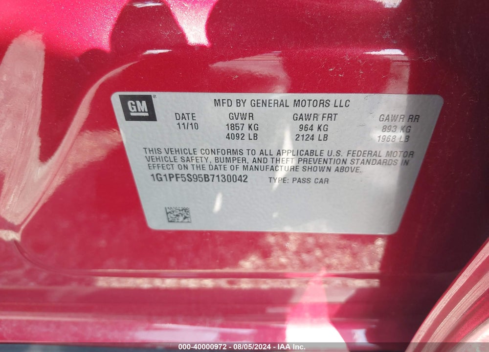 2011 CHEVROLET CRUZE 1LT VIN: 1G1PF5S95B7130042