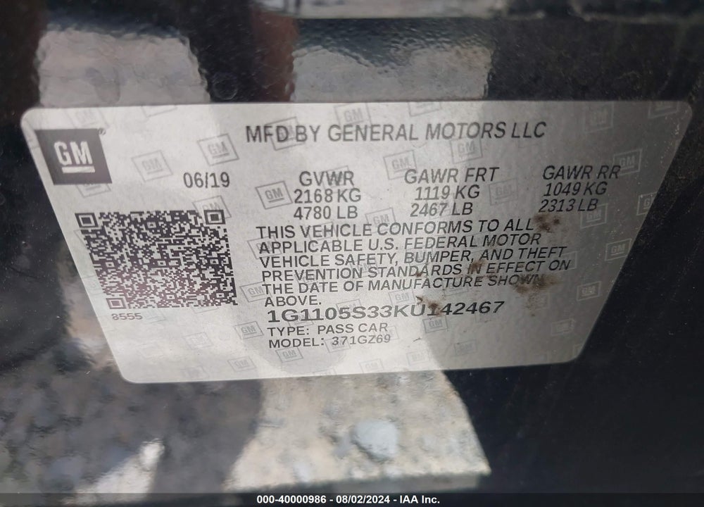 2019 CHEVROLET IMPALA PREMIER VIN: 1G1105S33KU142467