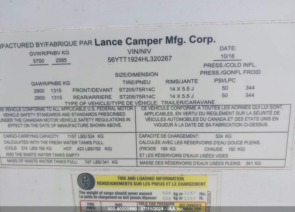 2017 LANCE M-1995 VIN: 56YTT1924HL320267