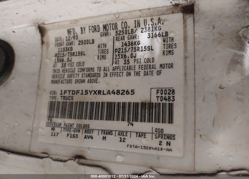 1994 FORD F150 VIN: 1FTDF15YXRLA48265