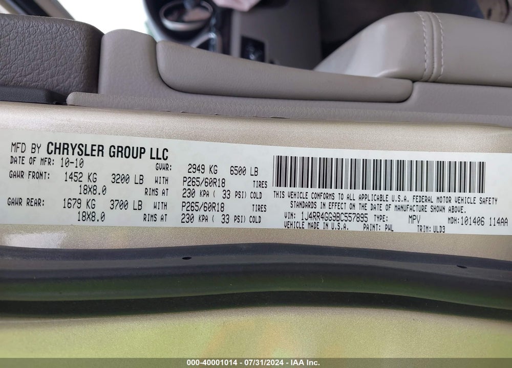 2011 JEEP GRAND CHEROKEE LAREDO VIN: 1J4RR4GG9BC557895