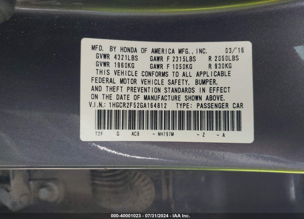 2016 HONDA ACCORD SPORT VIN: 1HGCR2F52GA164812