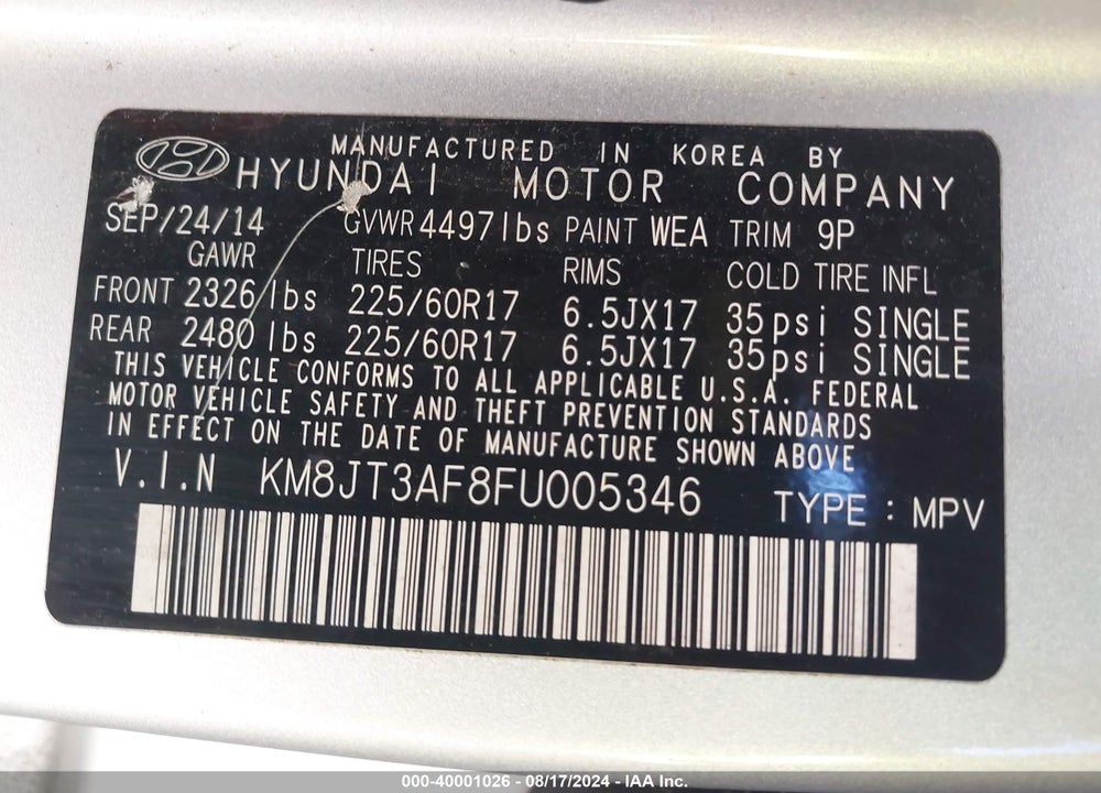 2015 HYUNDAI TUCSON VIN: KM8JT3AF8FU005346