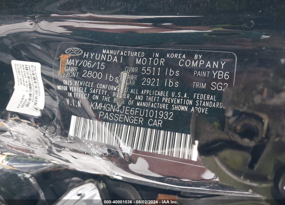 2015 HYUNDAI GENESIS 3.8 VIN: KMHGN4JE6FU101932