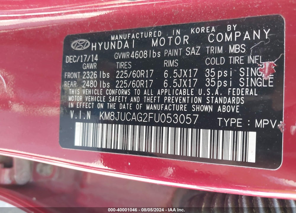 2015 HYUNDAI TUCSON VIN: KM8JUCAG2FU053057