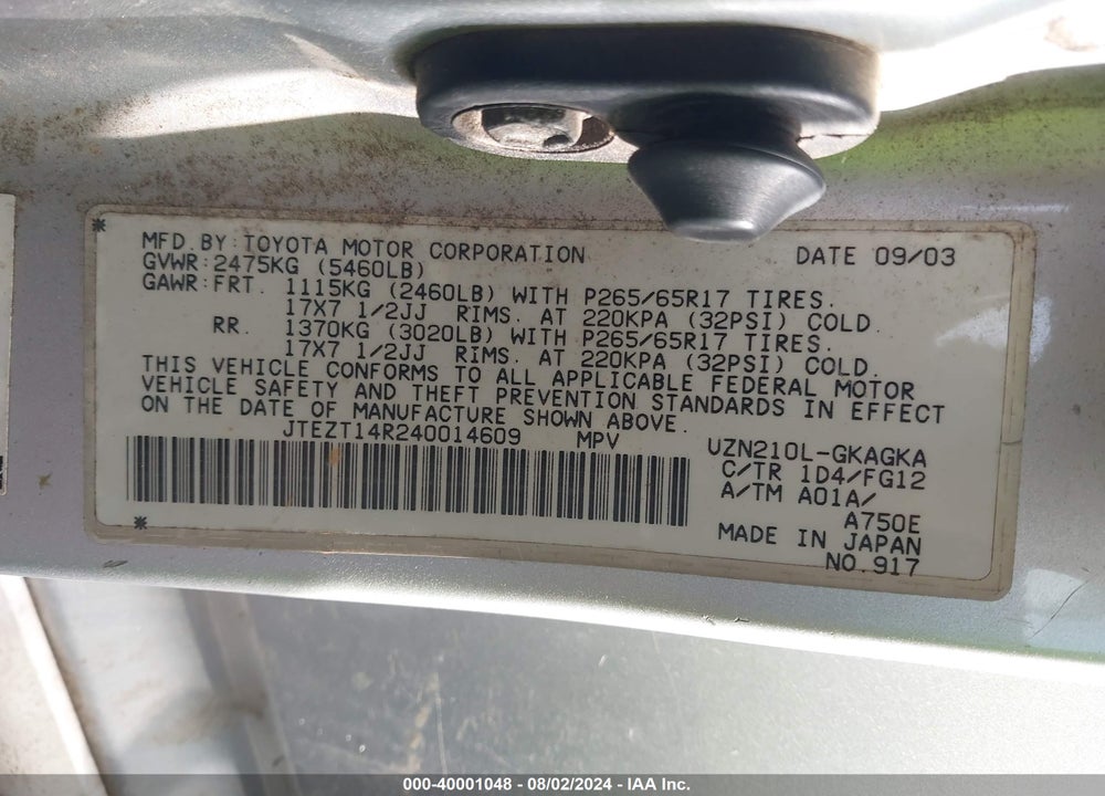 2004 TOYOTA 4RUNNER SR5 V8 VIN: JTEZT14R240014609