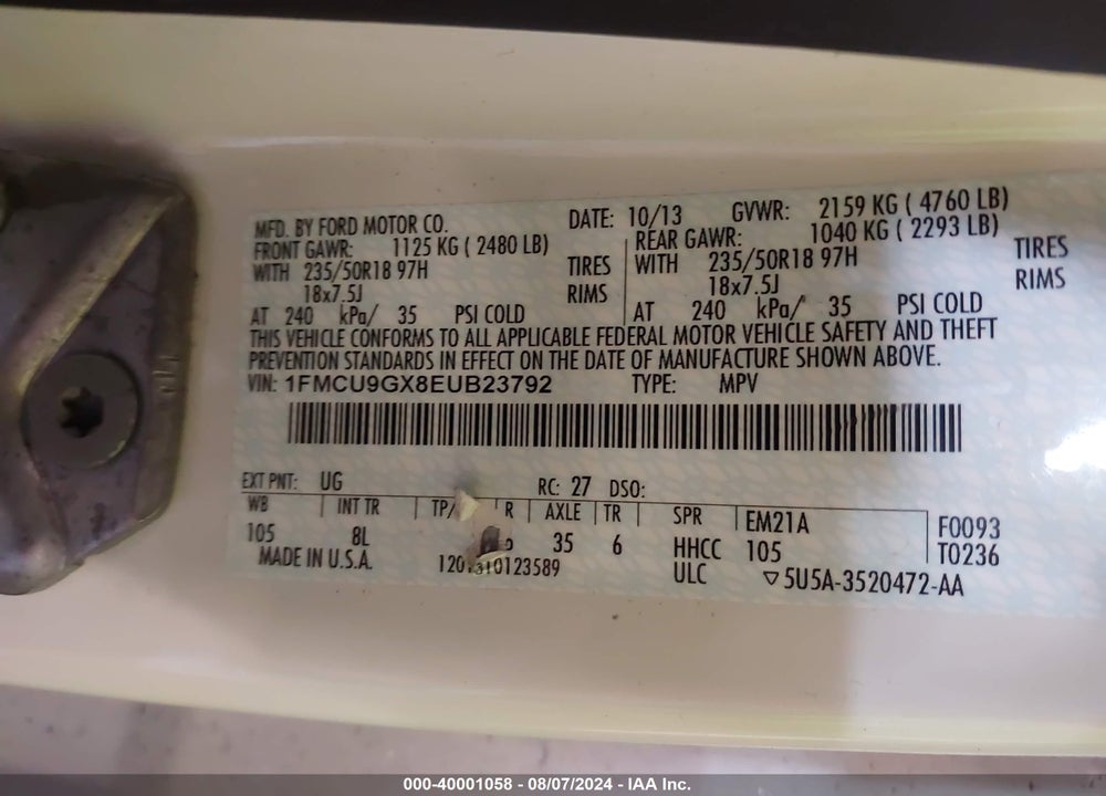2014 FORD ESCAPE SE VIN: 1FMCU9GX8EUB23792