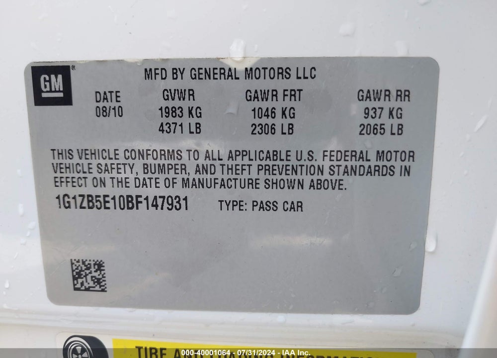 2011 CHEVROLET MALIBU LS VIN: 1G1ZB5E10BF147931