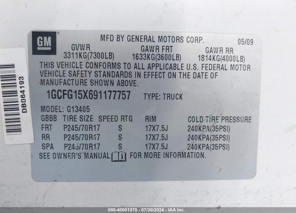 2009 CHEVROLET EXPRESS 1500 WORK VAN VIN: 1GCFG15X691177757
