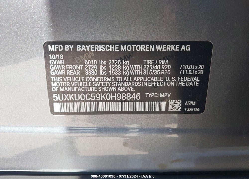 2019 BMW X6 SDRIVE35I VIN: 5UXKU0C59K0H98846