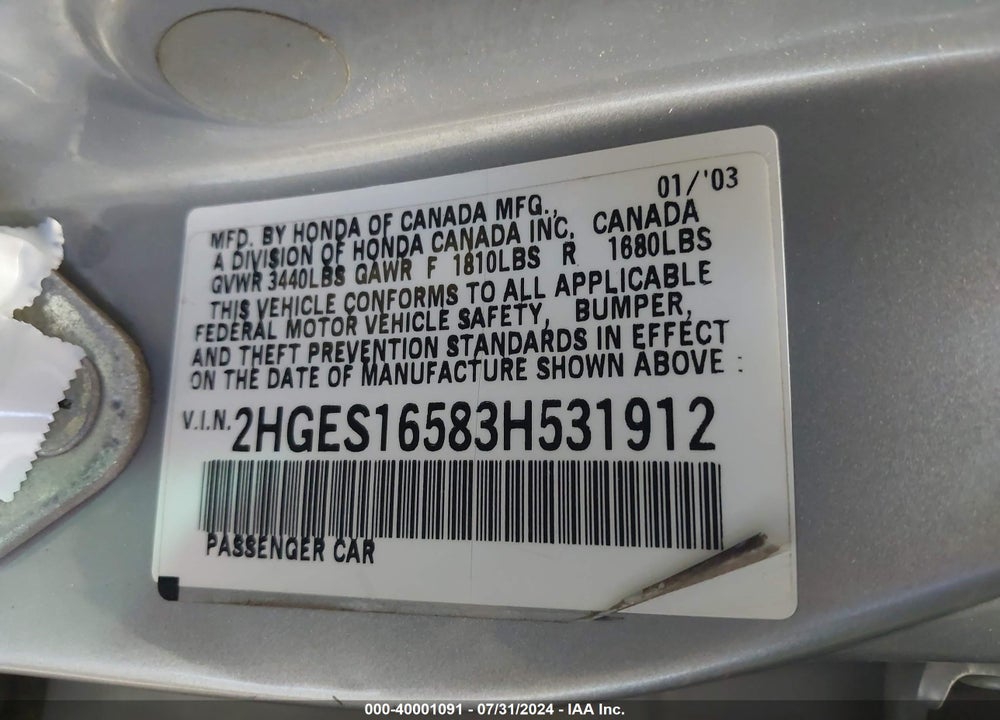 2003 HONDA CIVIC LX VIN: 2HGES16583H531912