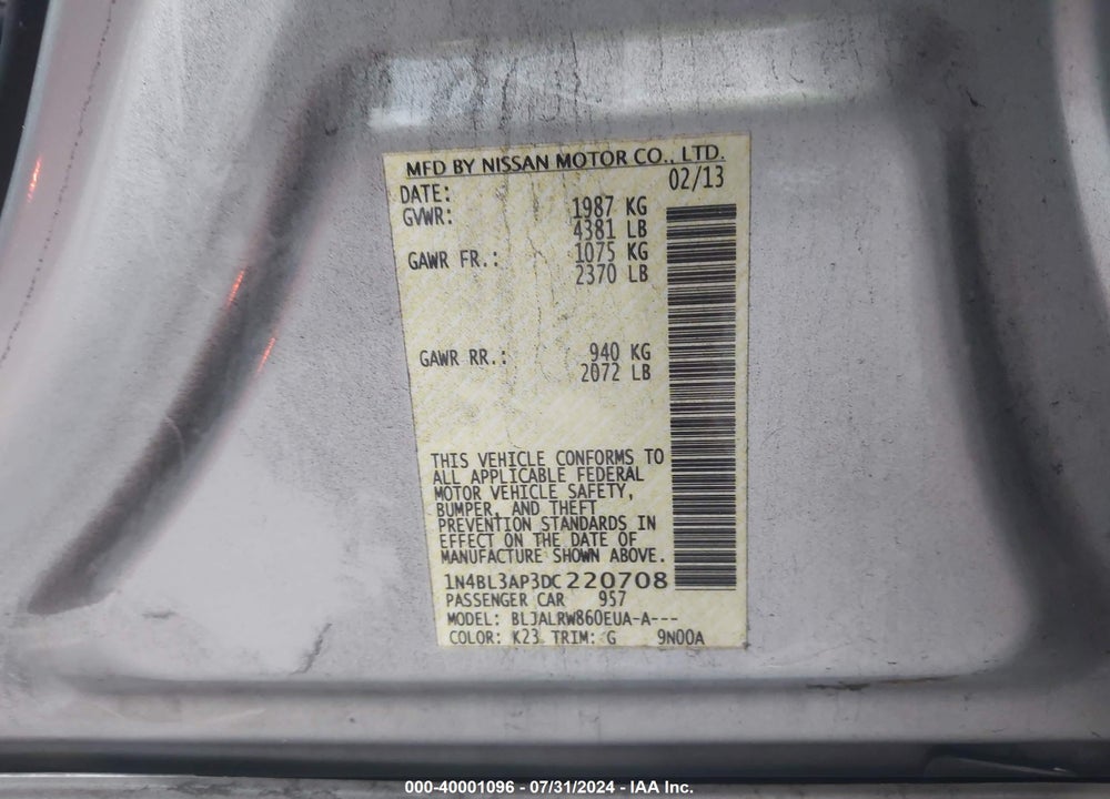 2013 NISSAN ALTIMA 3.5 S VIN: 1N4BL3AP3DC220708