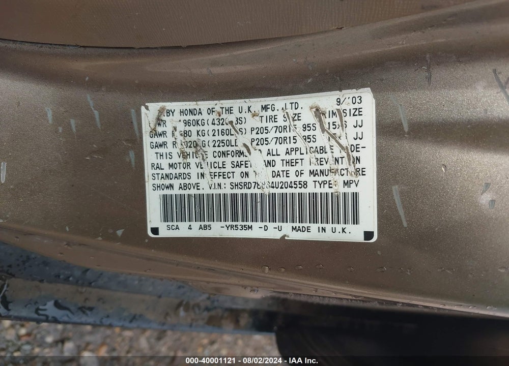2004 HONDA CR-V EX VIN: SHSRD78884U204558