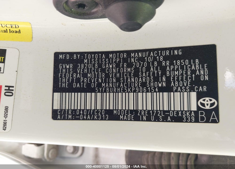 2019 TOYOTA COROLLA SE VIN: 5YFBURHE5KP906154
