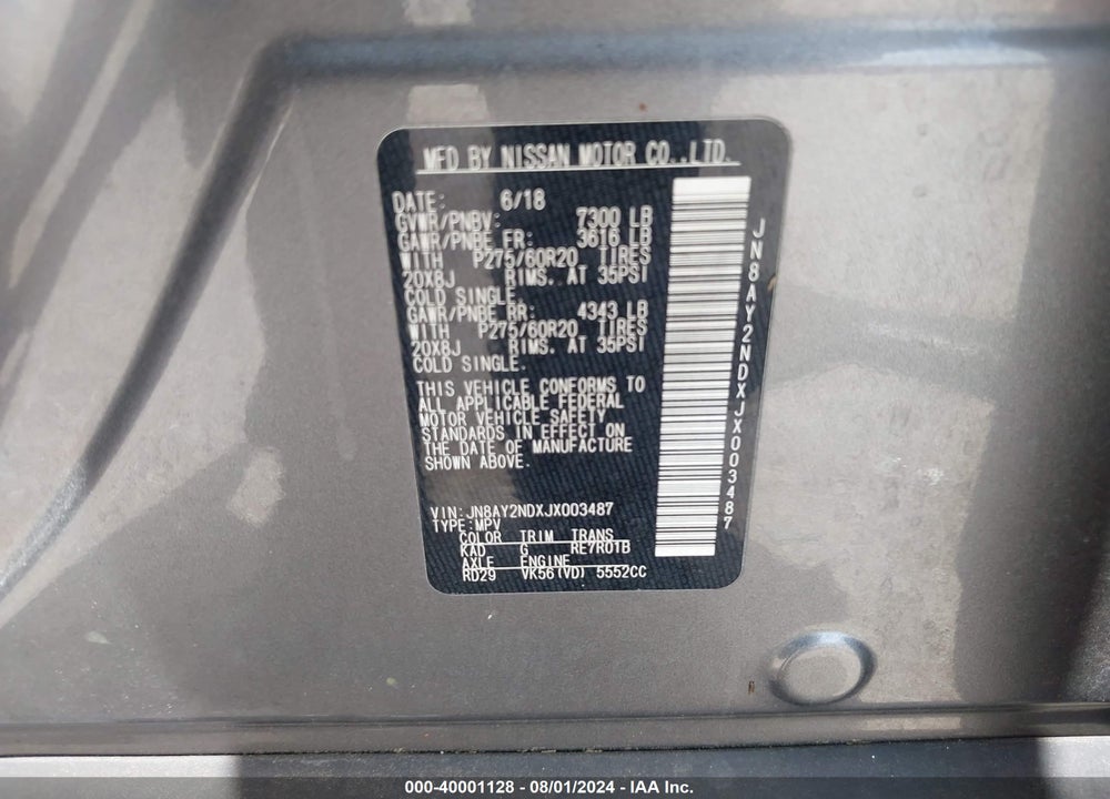 2018 NISSAN ARMADA SL VIN: JN8AY2NDXJX003487