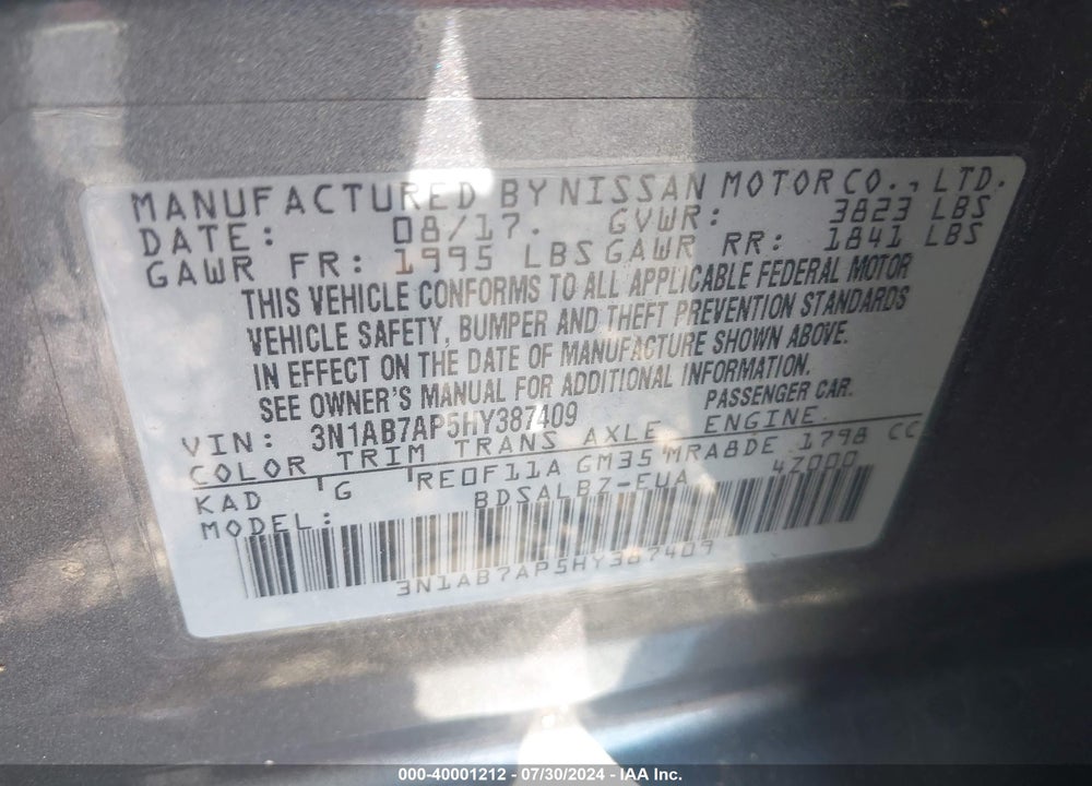 2017 NISSAN SENTRA S VIN: 3N1AB7AP5HY387409