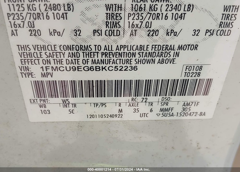2011 FORD ESCAPE LIMITED VIN: 1FMCU9EG6BKC52236