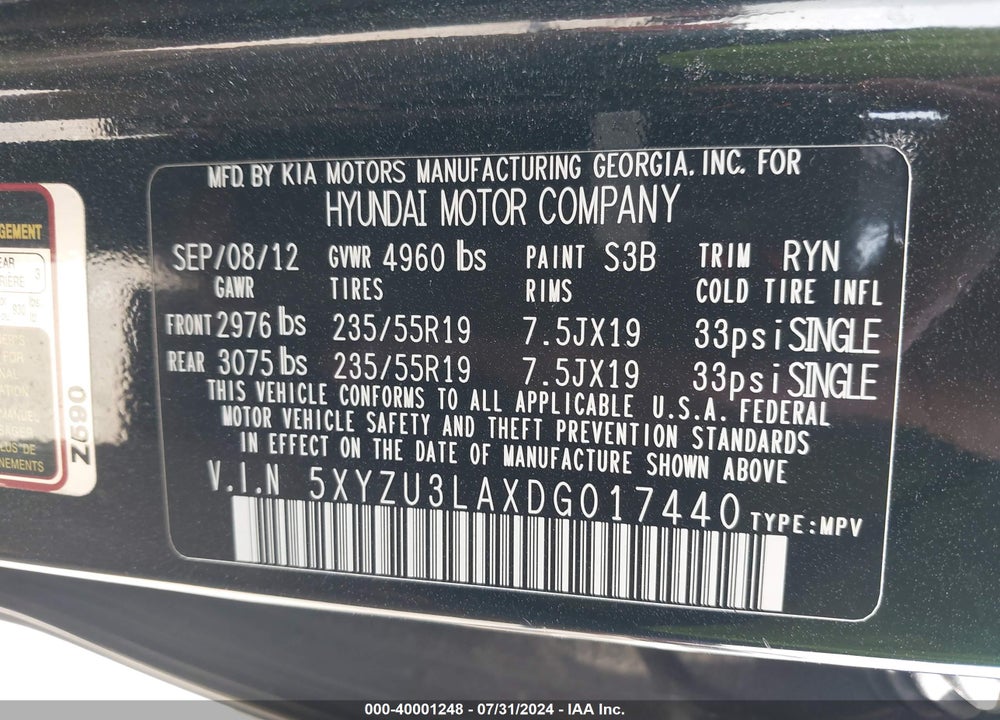 2013 HYUNDAI SANTA FE SPORT 2.0T VIN: 5XYZU3LAXDG017440