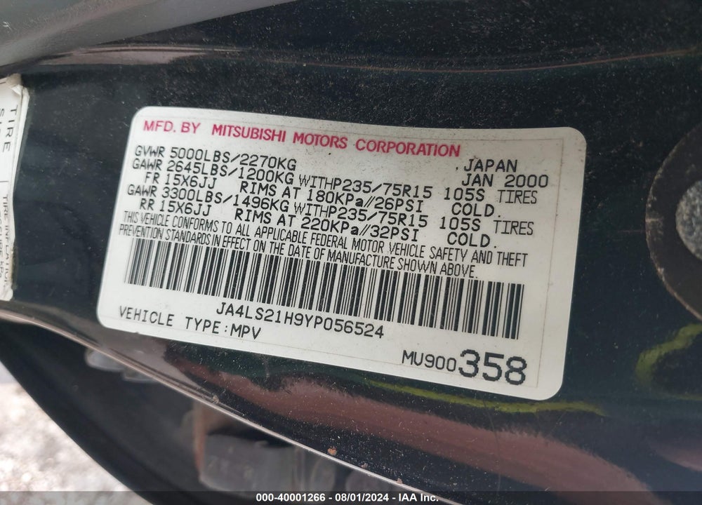 2000 MITSUBISHI MONTERO SPORT ES VIN: JA4LS21H9YP056524