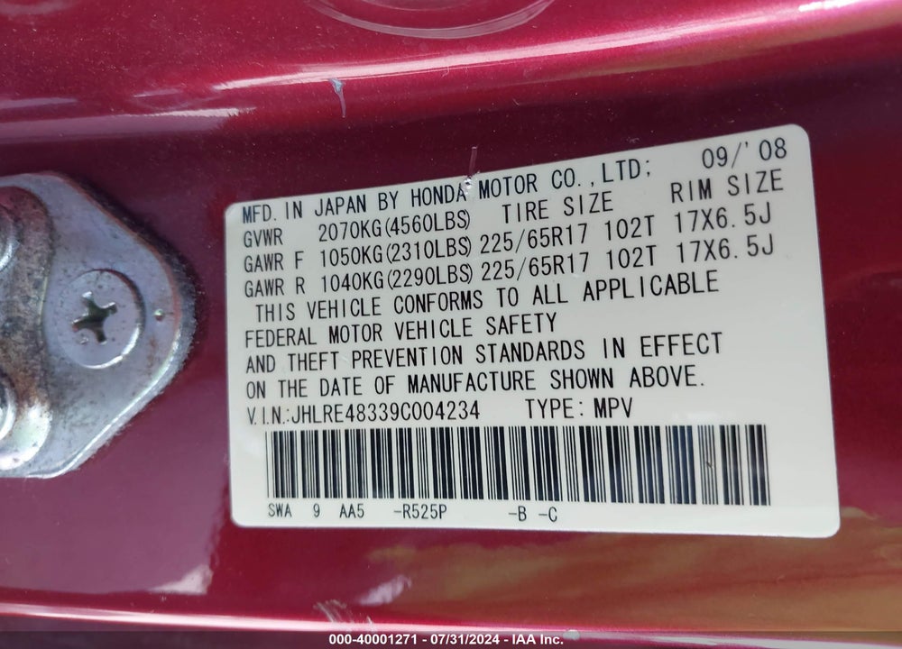2009 HONDA CR-V LX VIN: JHLRE48339C004234